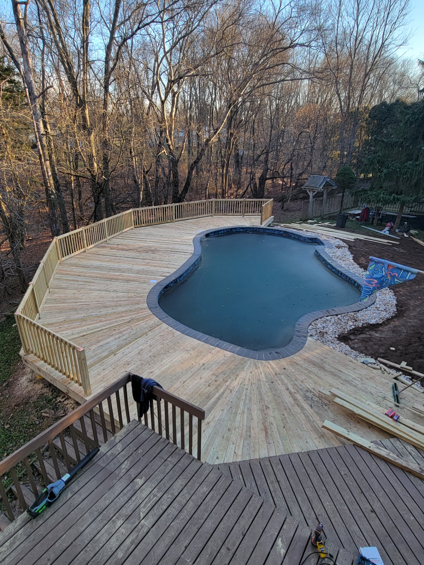 Curved wraparound wood deck around freeform in-ground pool